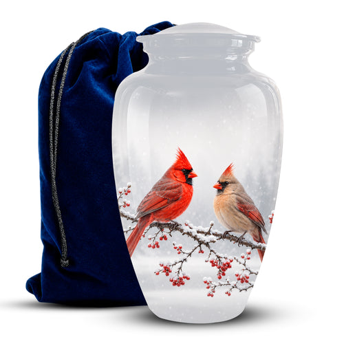 A clear glass urn with a printed winter scene of two red cardinal birds on a snowy branch, shown next to a dark blue velvet drawstring bag on a white background.