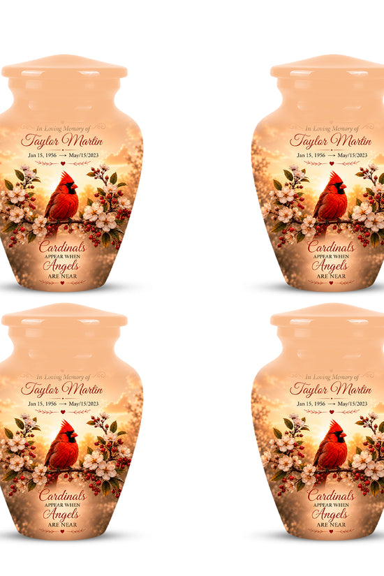Custom Red Cardinal Bird Memorial Urn - Floral Funeral Urns For Ashes