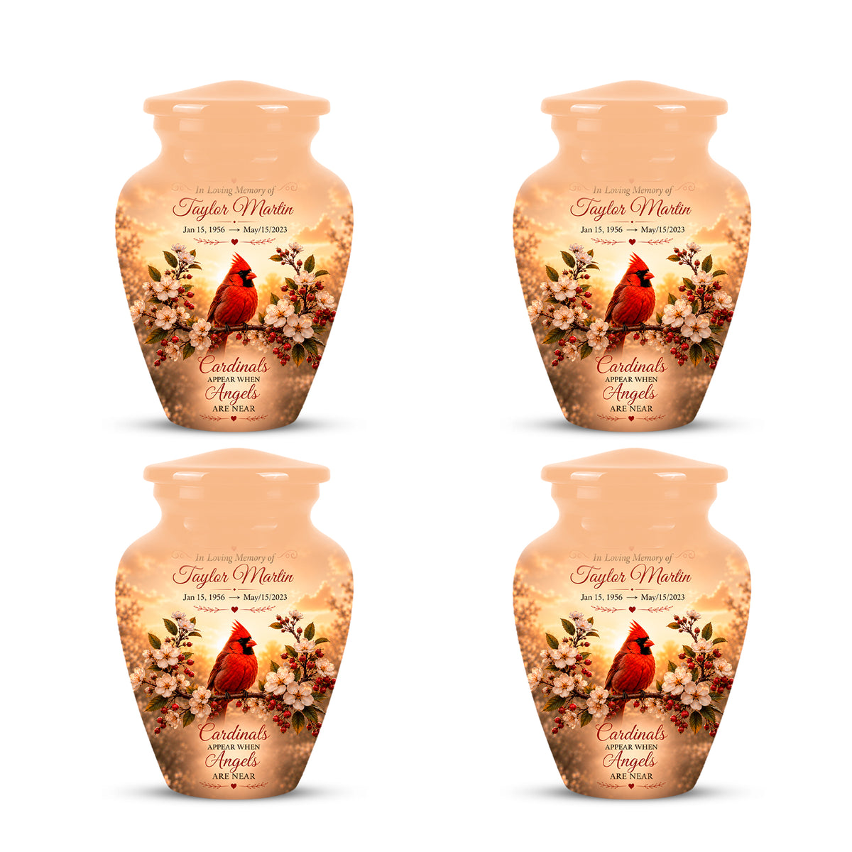 Custom Red Cardinal Bird Memorial Urn - Floral Funeral Urns For Ashes