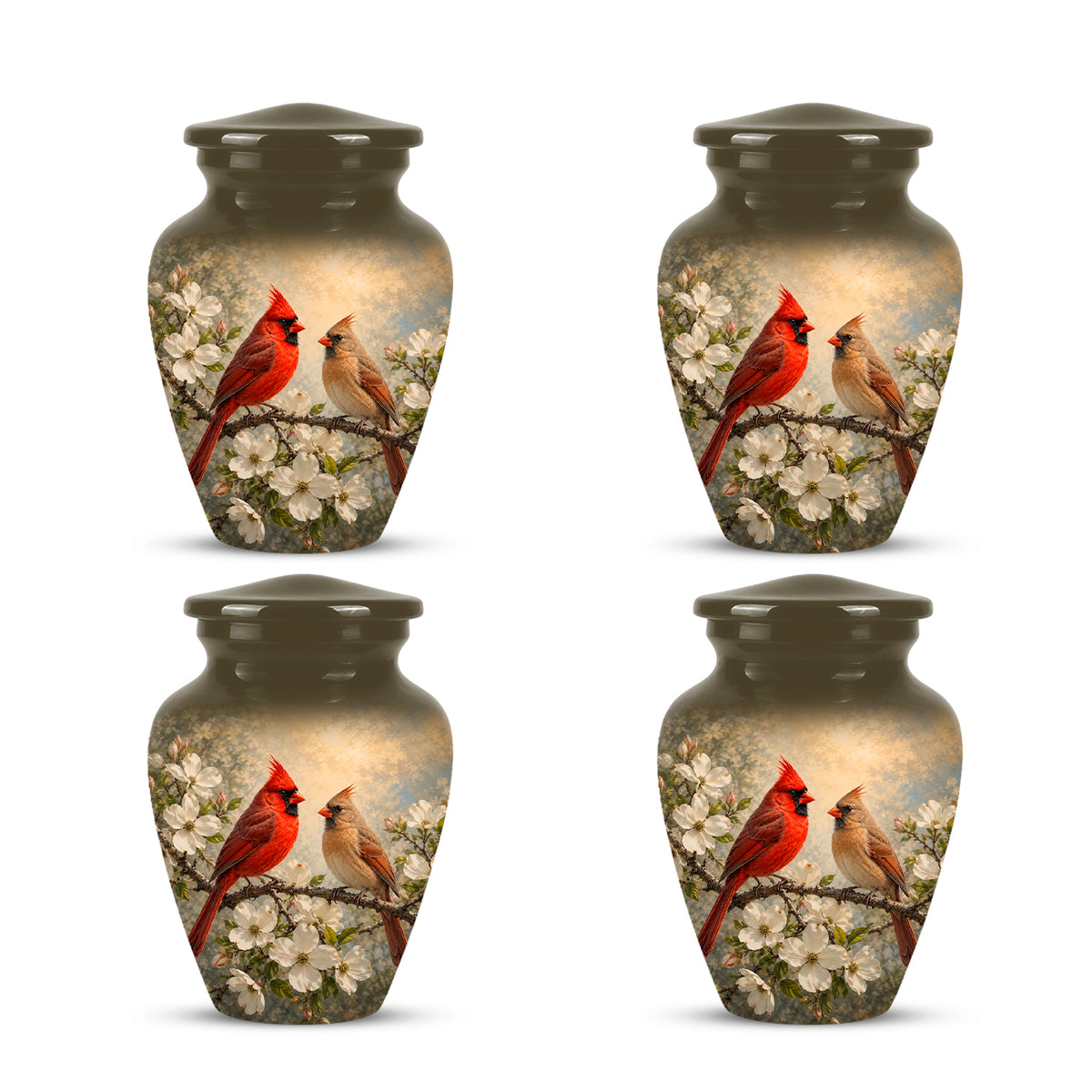 Cardinal Birds Memorial Urn For Ashes - White Blossom Funeral Urn