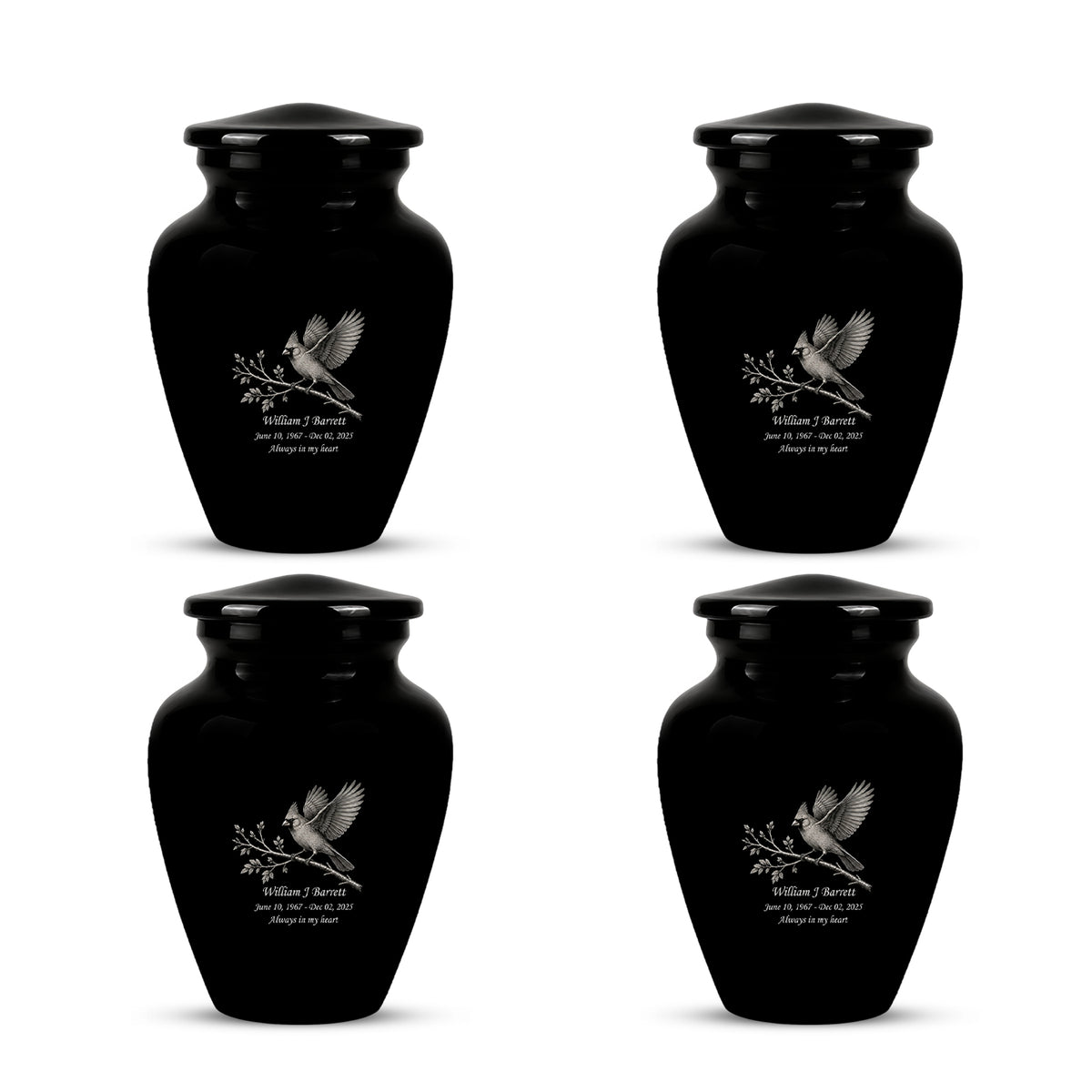 Black Cardinal Bird Cremation Urn - Black Aluminum Urn For Men & Women