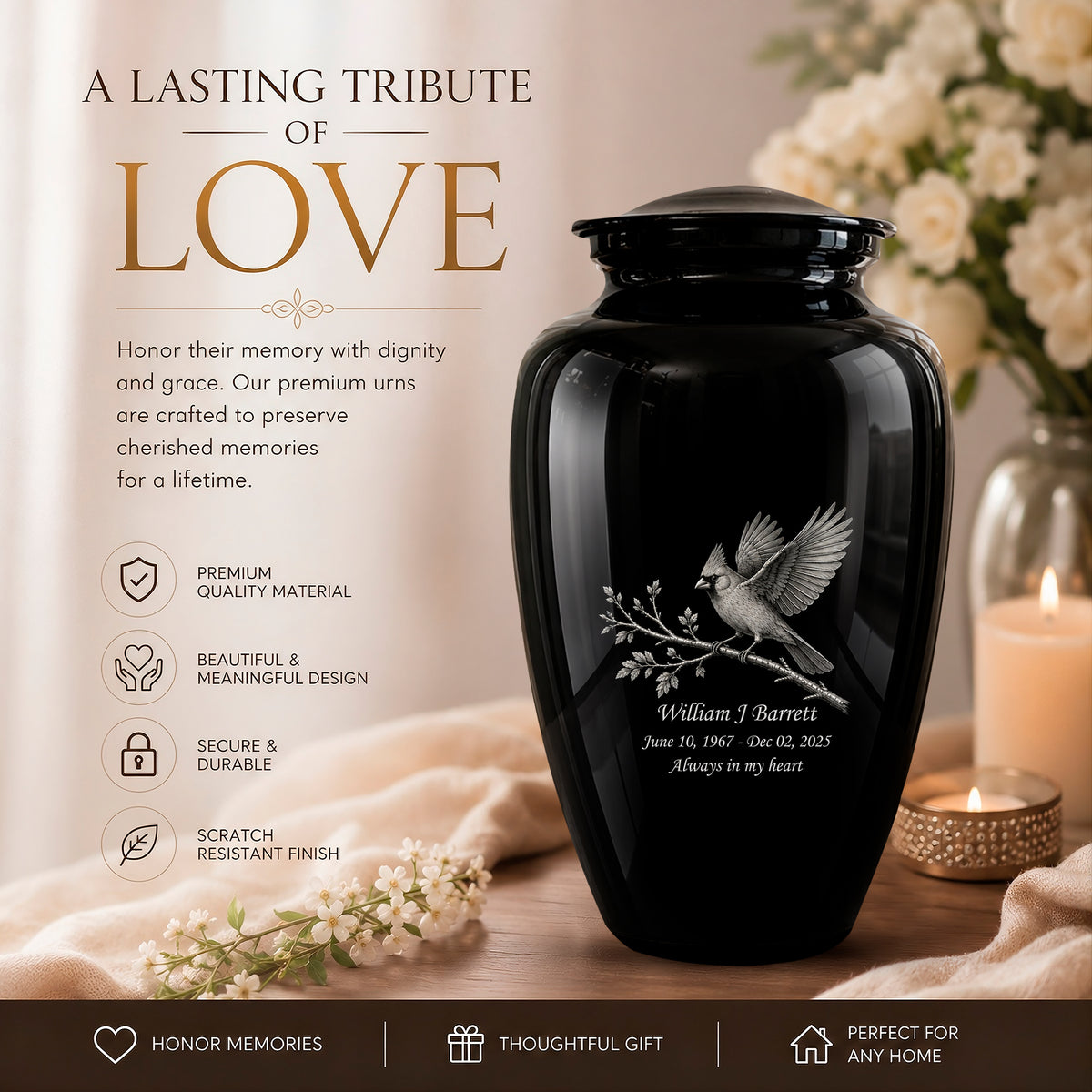 Black Cardinal Bird Cremation Urn - Black Aluminum Urn For Men & Women