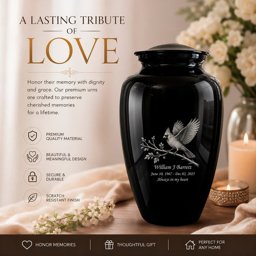 Black Cardinal Bird Cremation Urn - Black Aluminum Urn For Men & Women