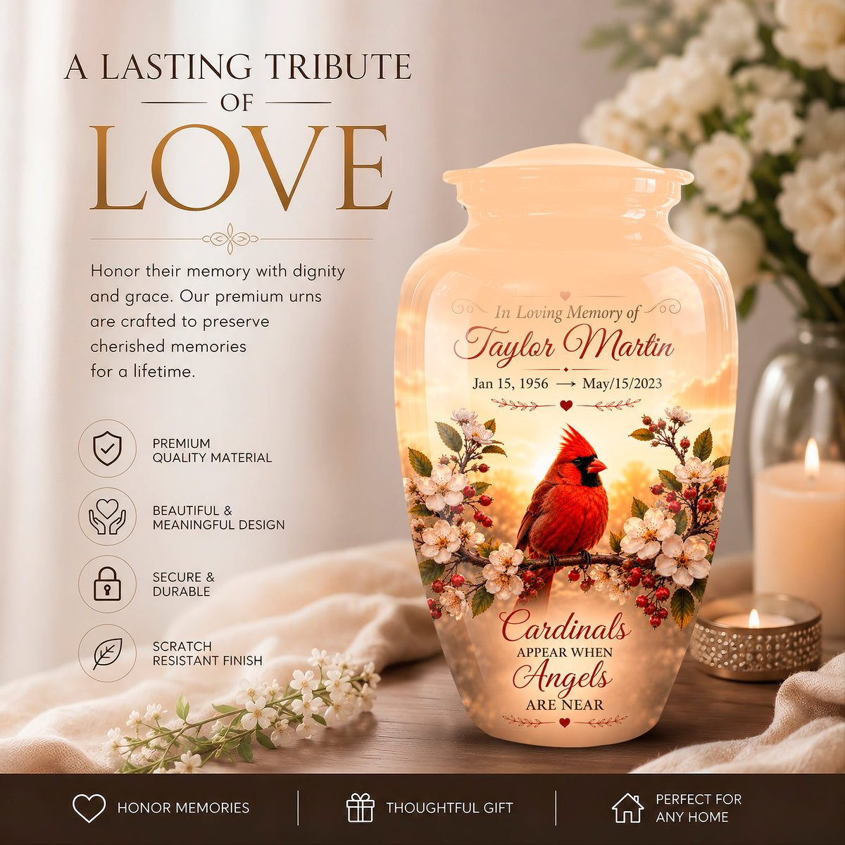 Personalized ceramic urn with a warm cream body, featuring a red cardinal perched among white blossoms and memorial text, displayed on a tabletop with a candle and flowers in a softly lit indoor setting.