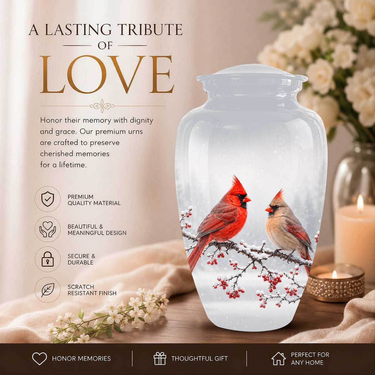 A frosted glass memorial urn displayed on a wooden surface with a soft floral and candle setting. The urn is transparent with a printed design of two red cardinal birds perched on a snowy branch with red berries.