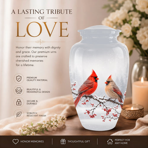 A frosted glass memorial urn displayed on a wooden surface with a soft floral and candle setting. The urn is transparent with a printed design of two red cardinal birds perched on a snowy branch with red berries.