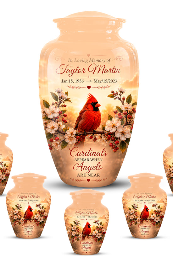 Custom Red Cardinal Bird Memorial Urn - Floral Funeral Urns For Ashes
