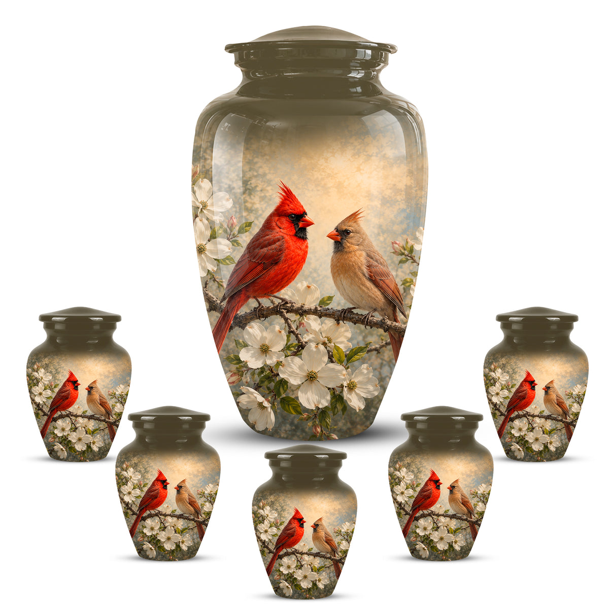 Cardinal Birds Memorial Urn For Ashes - White Blossom Funeral Urn
