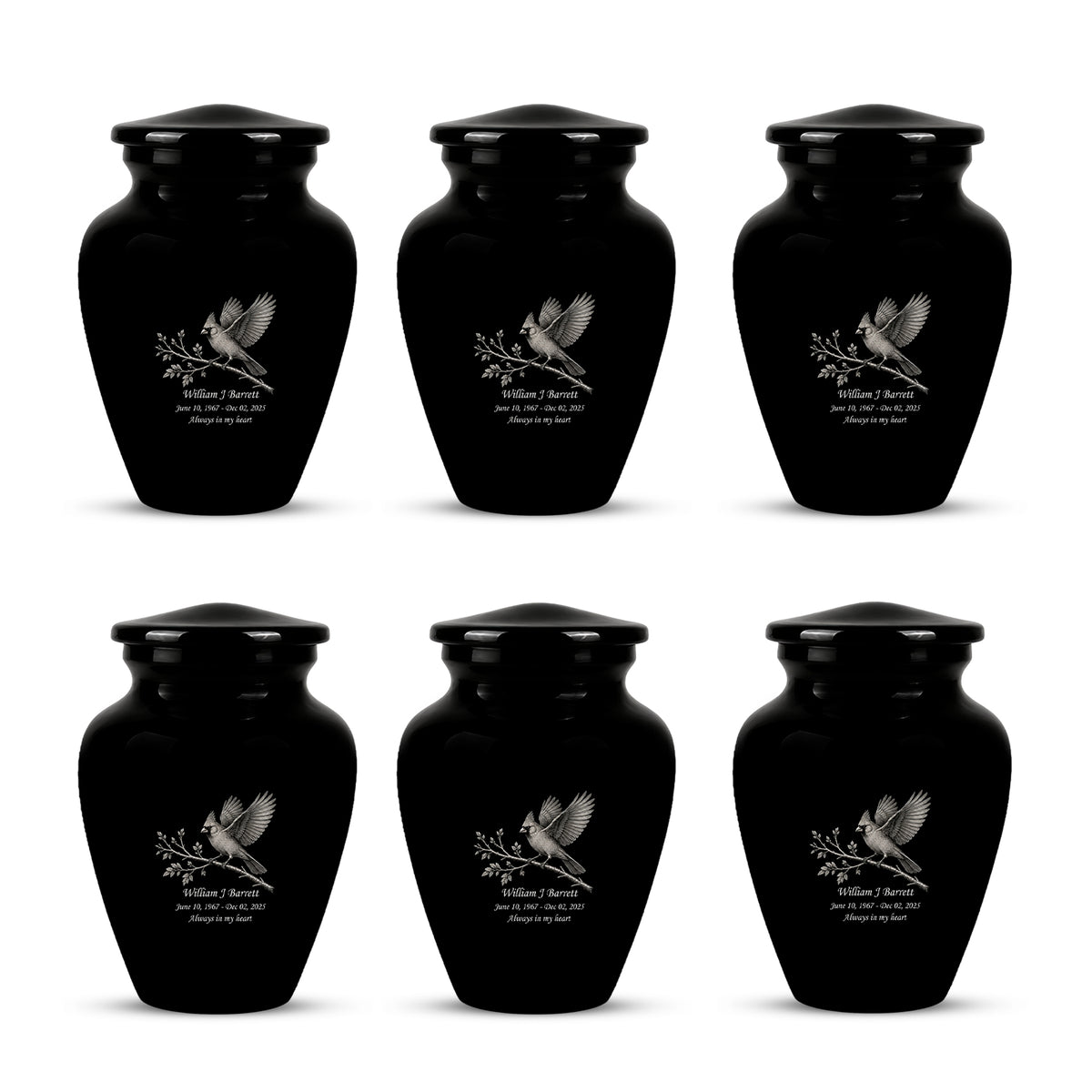Black Cardinal Bird Cremation Urn - Black Aluminum Urn For Men & Women