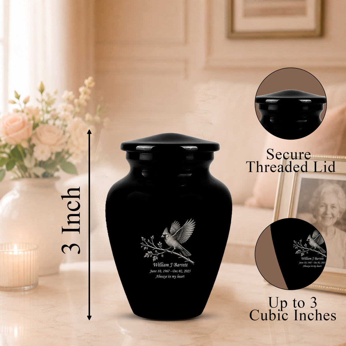 Black Cardinal Bird Cremation Urn - Black Aluminum Urn For Men & Women