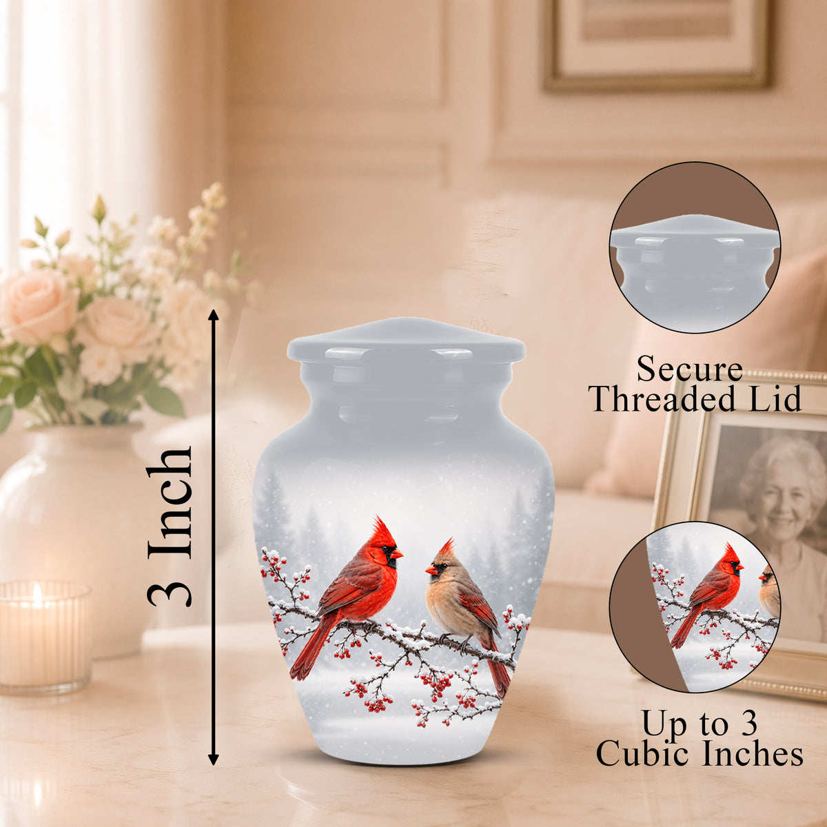 A frosted glass cremation urn with a printed design of two red cardinals on a snowy branch, shown on a table in a softly lit room. The image includes dimension text indicating 3 inch height and circular inset callouts showing the secure threaded lid and up to 3 cubic inch capacity.