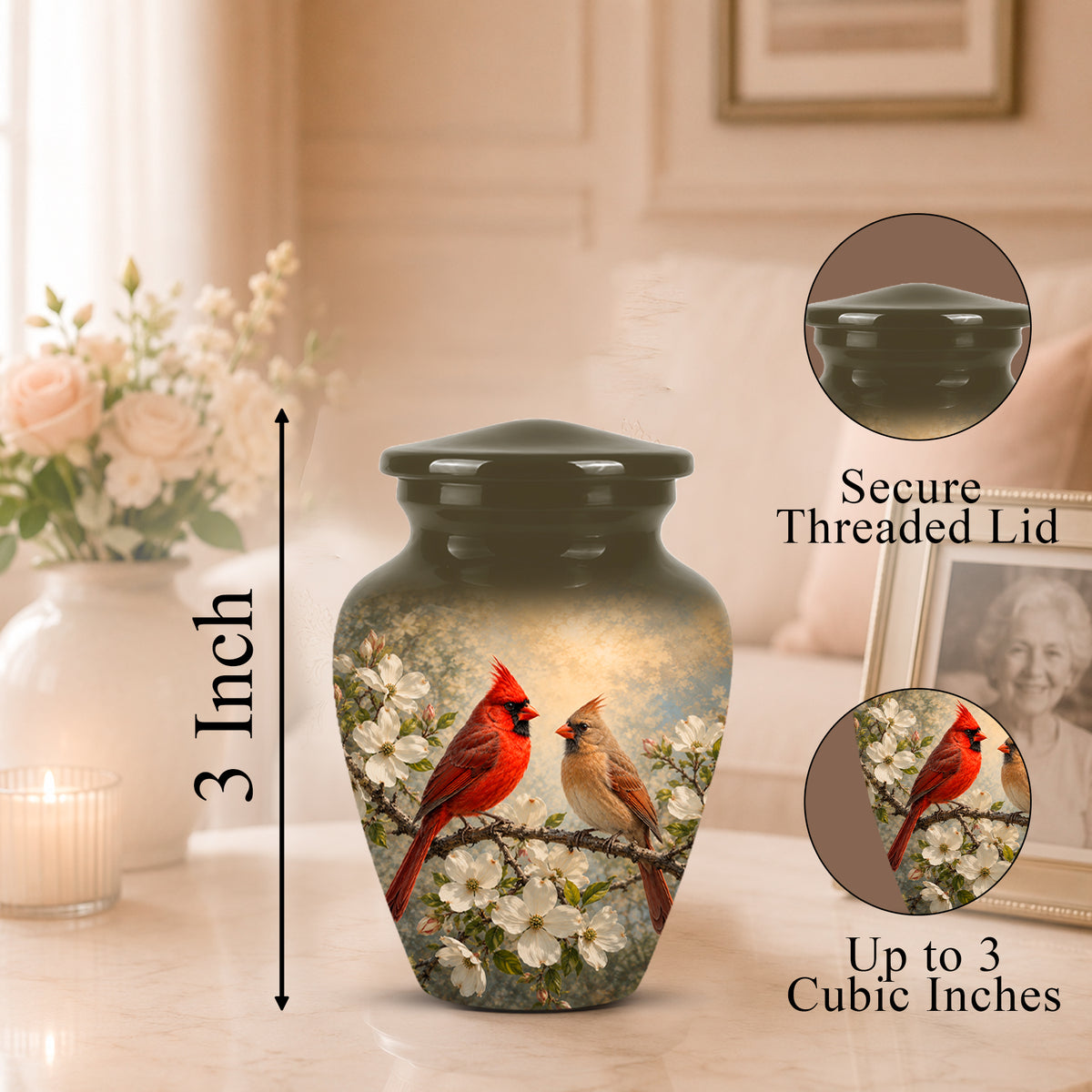 A memorial urn vase with a printed design of two cardinals on a branch with white blossoms, shown on a tabletop in a softly lit room. A vertical arrow labels the height as 3 Inch, and two circular inset callouts on the right show the secure threaded lid and a close-up of the printed lid/blossom area with text 'Up to 3 Cubic Inches.
