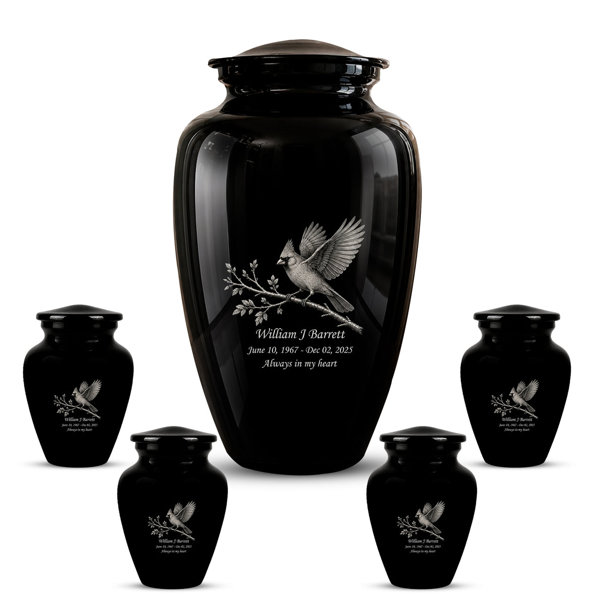 Black Cardinal Bird Cremation Urn - Black Aluminum Urn For Men & Women