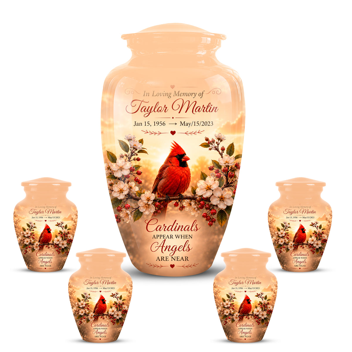 Custom Red Cardinal Bird Memorial Urn - Floral Funeral Urns For Ashes
