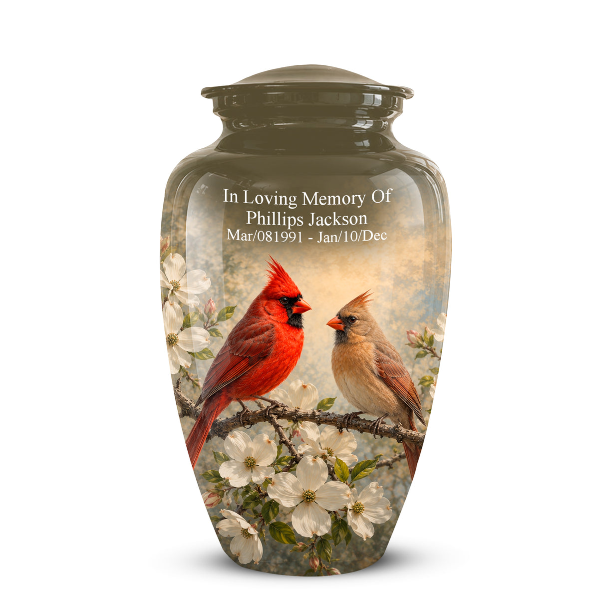 Cardinal Birds Memorial Urn For Ashes - White Blossom Funeral Urn