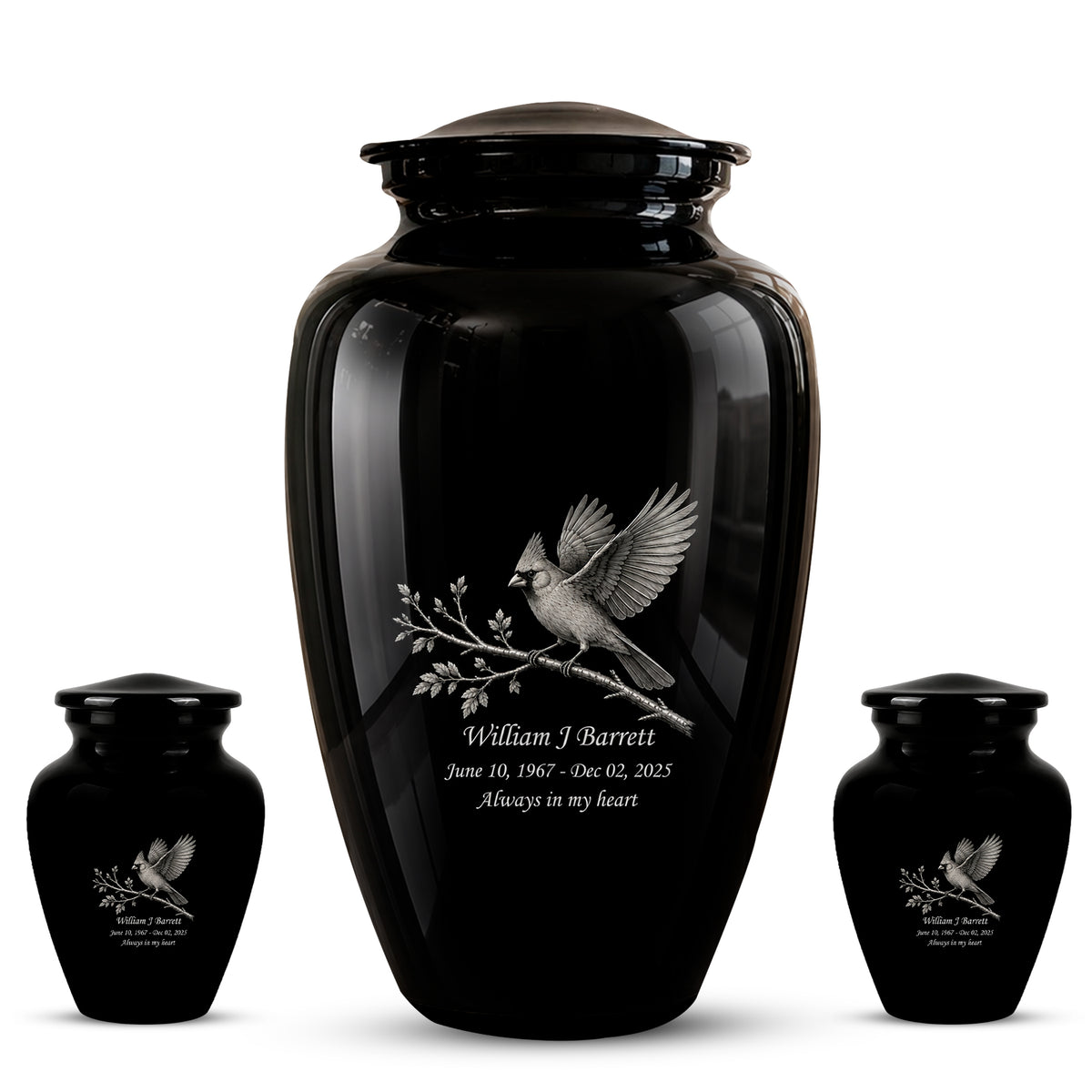 Black Cardinal Bird Cremation Urn - Black Aluminum Urn For Men & Women