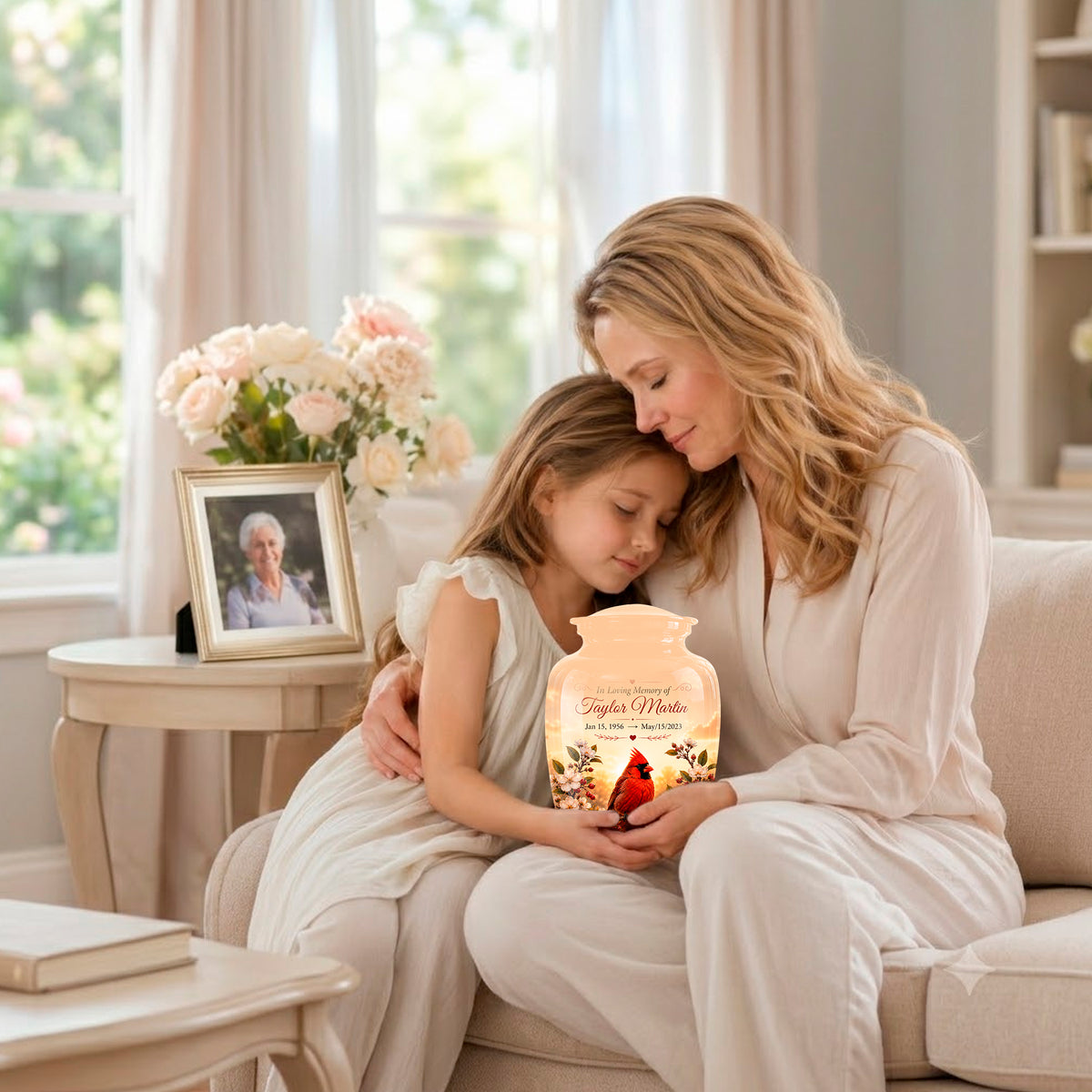 A woman and a young girl sit together on a light beige couch in a bright, softly lit living room. The woman holds a cream-colored memorial jar candle with a red cardinal illustration and the text 'Taylor White' and 'Love & Memories.
