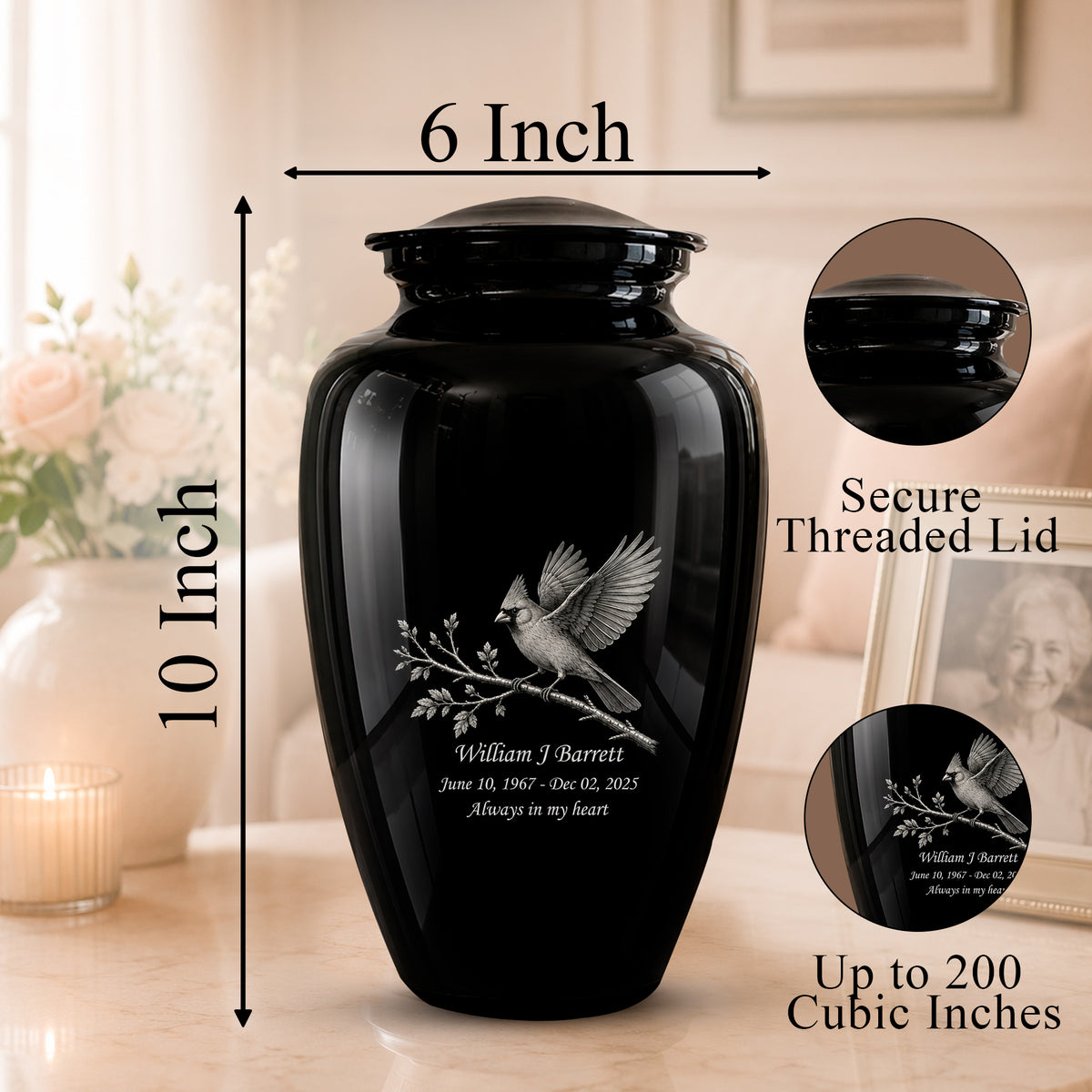 Black Cardinal Bird Cremation Urn - Black Aluminum Urn For Men & Women