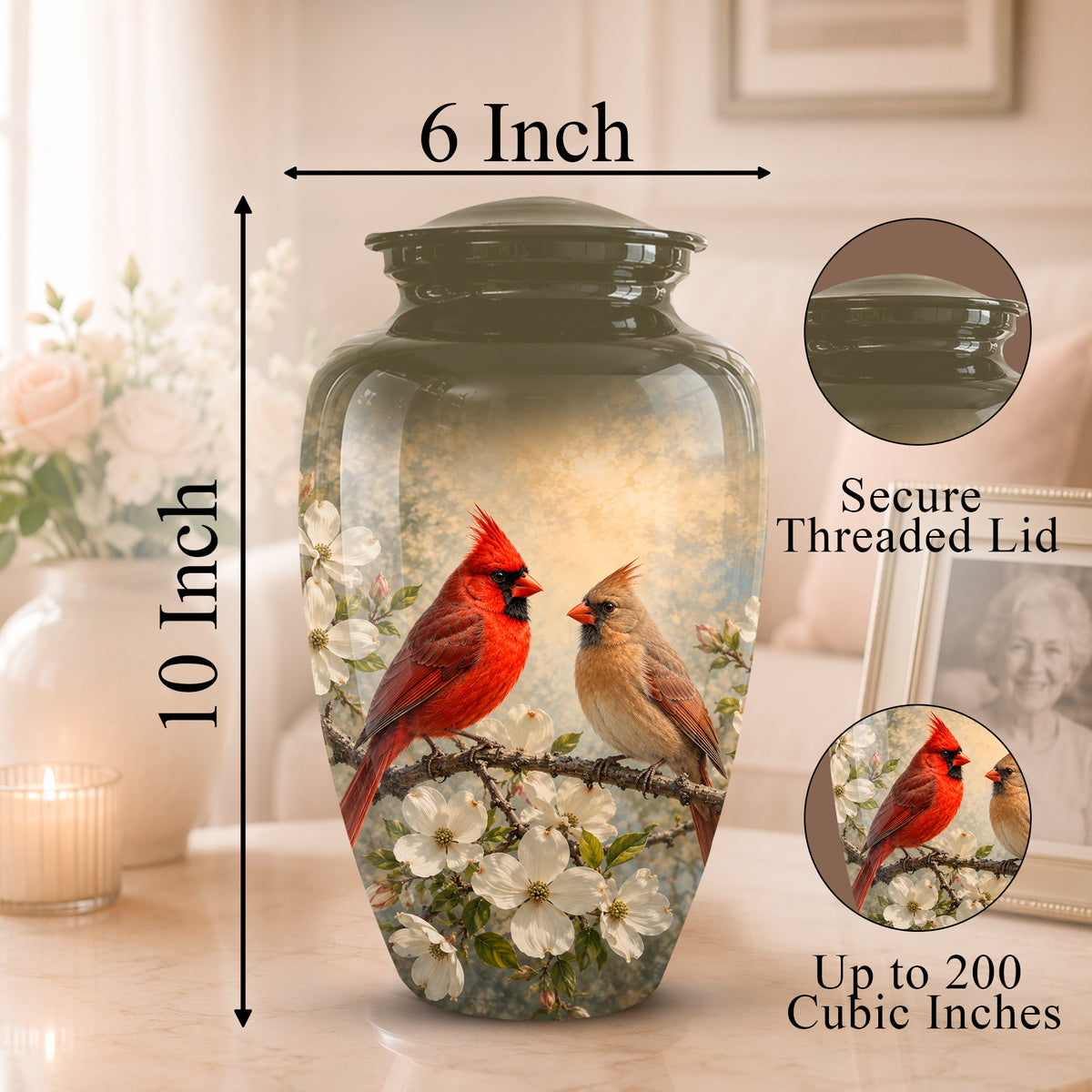 A decorative ceramic or glass cremation urn with a threaded lid, shown on a tabletop in a softly lit room. The main product is a clear vase-like urn printed with two red cardinal birds perched on a flowering branch against a warm cream sky.