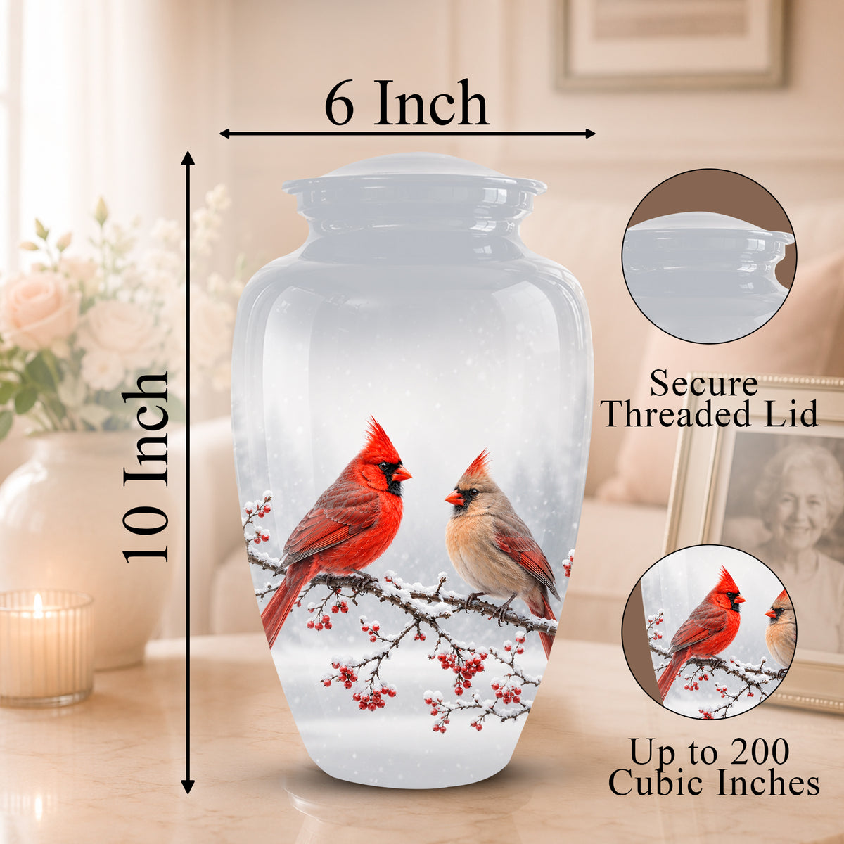 A frosted glass or acrylic urn with a printed design of two red cardinals on a snowy branch, shown with dimension labels indicating 10 inch height and 6 inch width. Two circular inset images on the right show the secure threaded lid and a 200 cubic inch capacity, set against a softly blurred home interior background.