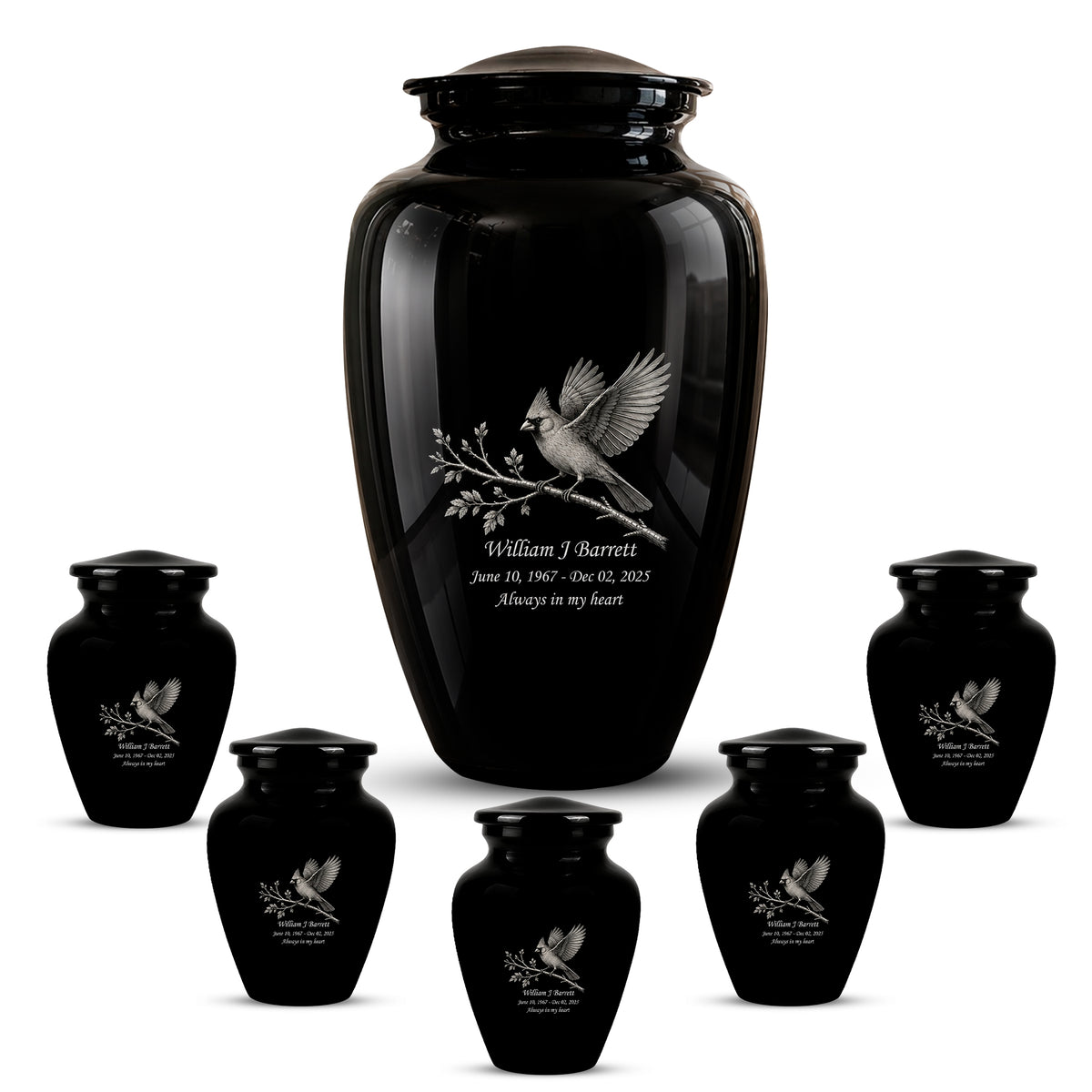 Black Cardinal Bird Cremation Urn - Black Aluminum Urn For Men & Women