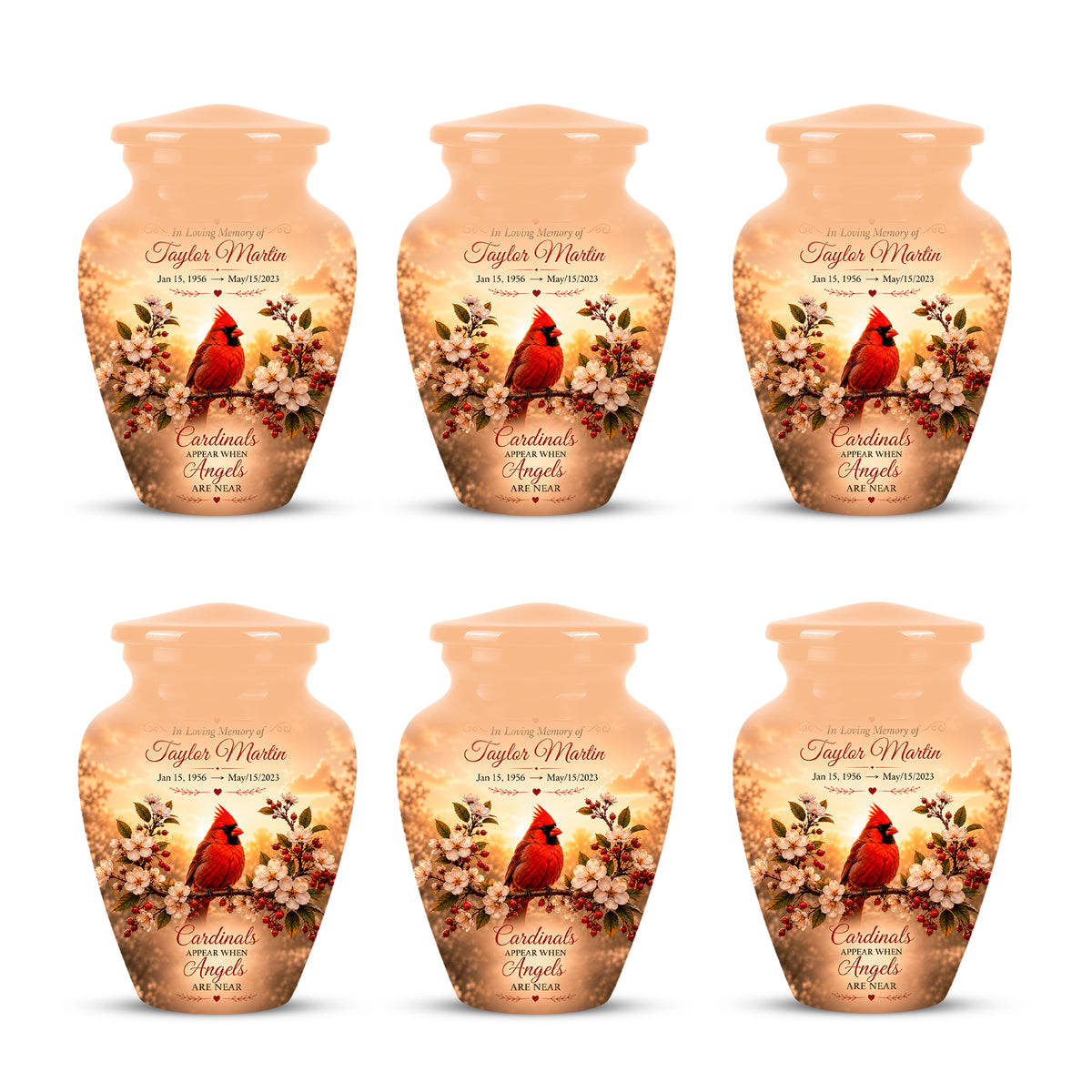 Custom Red Cardinal Bird Memorial Urn - Floral Funeral Urns For Ashes