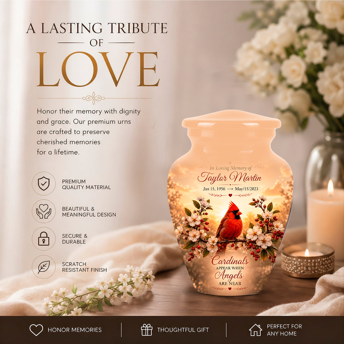 Personalized ceramic memorial urn with a red cardinal and white blossoms, shown beside a candle on a draped fabric surface with flowers in the background. Text on the left reads 'A LASTING TRIBUTE OF LOVE' with product feature icons and a dark footer bar.