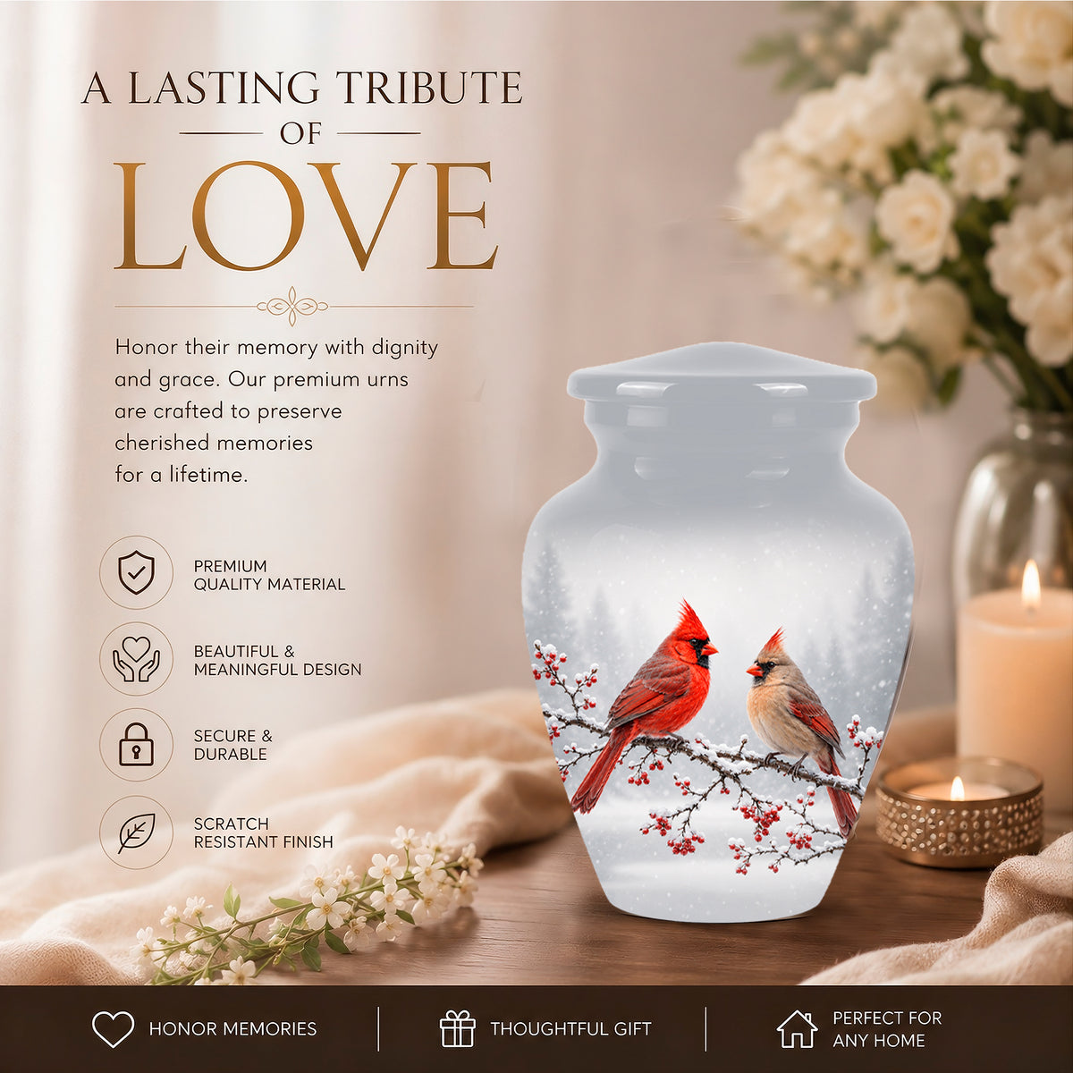 Cardinal Bird Themed Memorial Urn - Custom Funeral Urns For Lovers Ashes