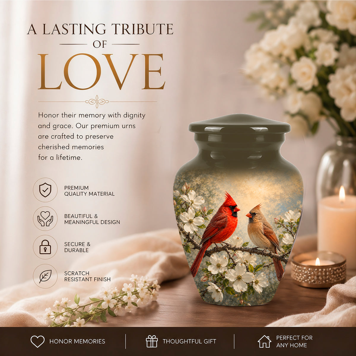 Cardinal Birds Memorial Urn For Ashes - White Blossom Funeral Urn