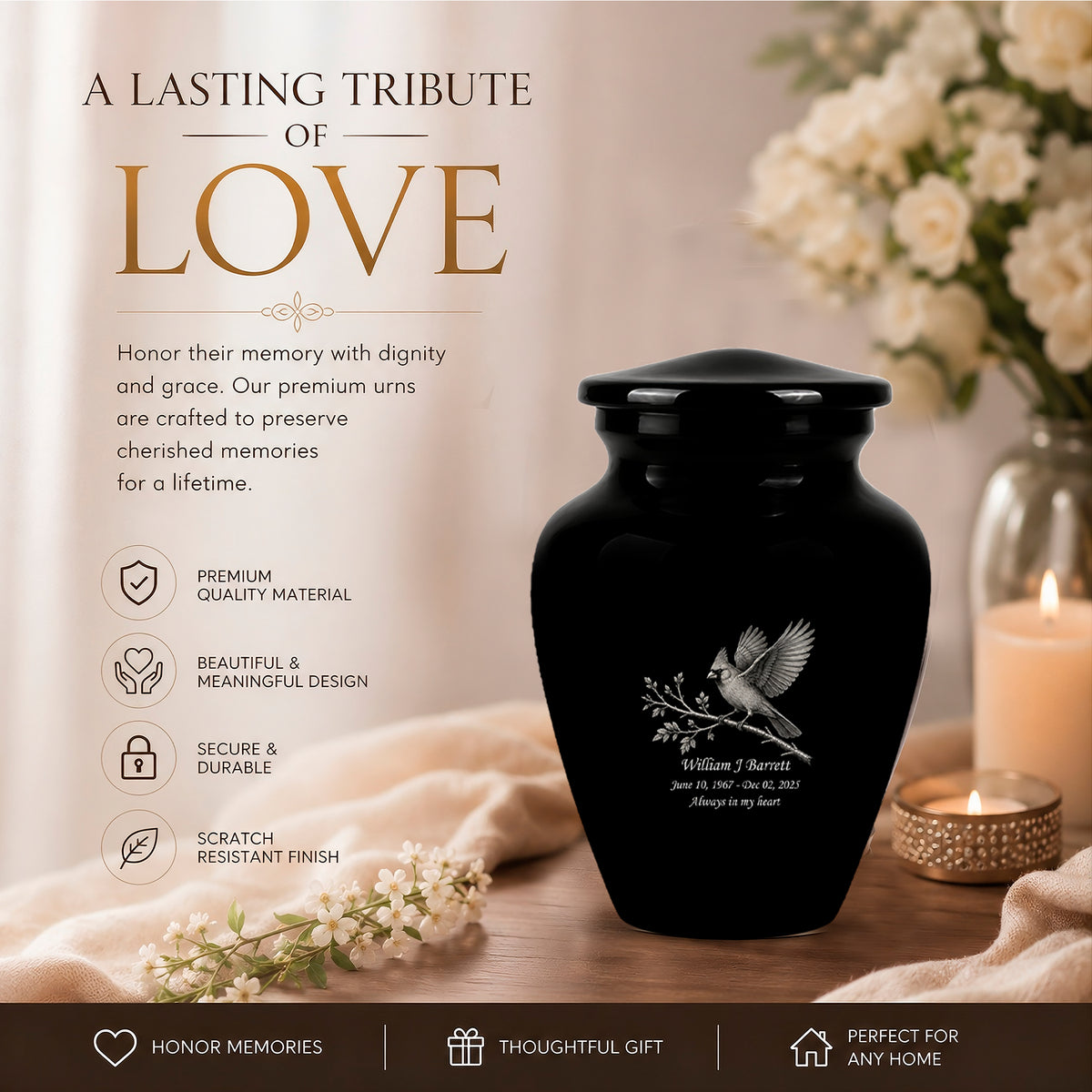 Black Cardinal Bird Cremation Urn - Black Aluminum Urn For Men & Women