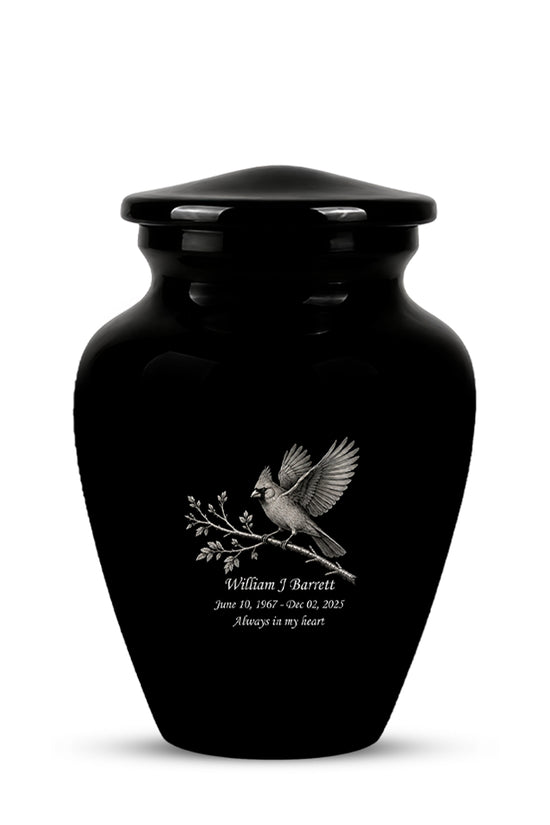 Black Cardinal Bird Cremation Urn - Black Aluminum Urn For Men & Women