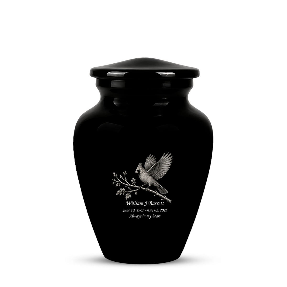 Black Cardinal Bird Cremation Urn - Black Aluminum Urn For Men & Women