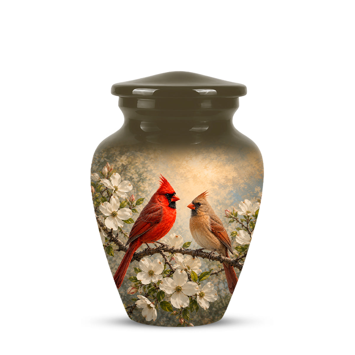 A ceramic cremation urn with a lid, decorated with a printed design of two red cardinals perched on a flowering branch against a soft sky background.