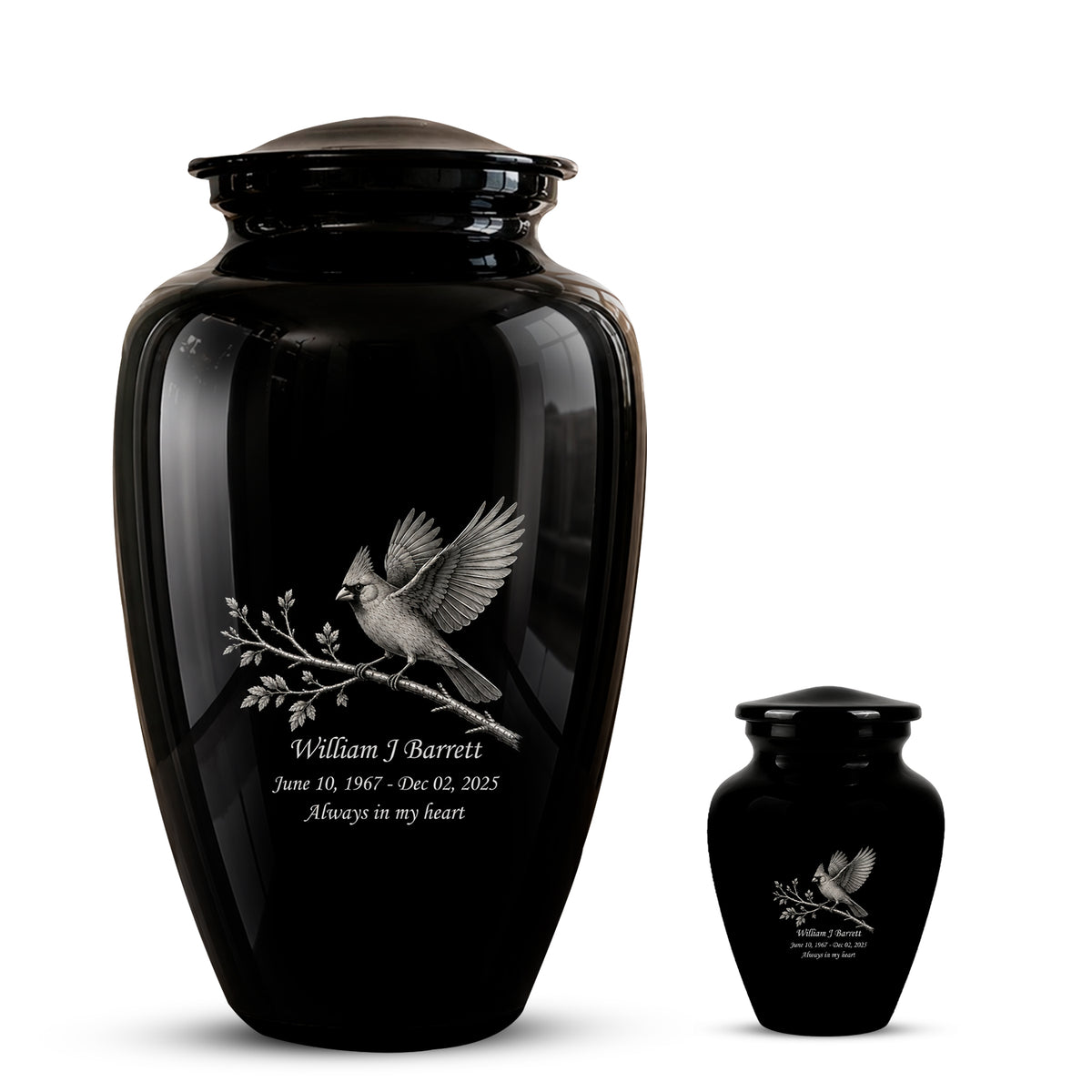Black Cardinal Bird Cremation Urn - Black Aluminum Urn For Men & Women