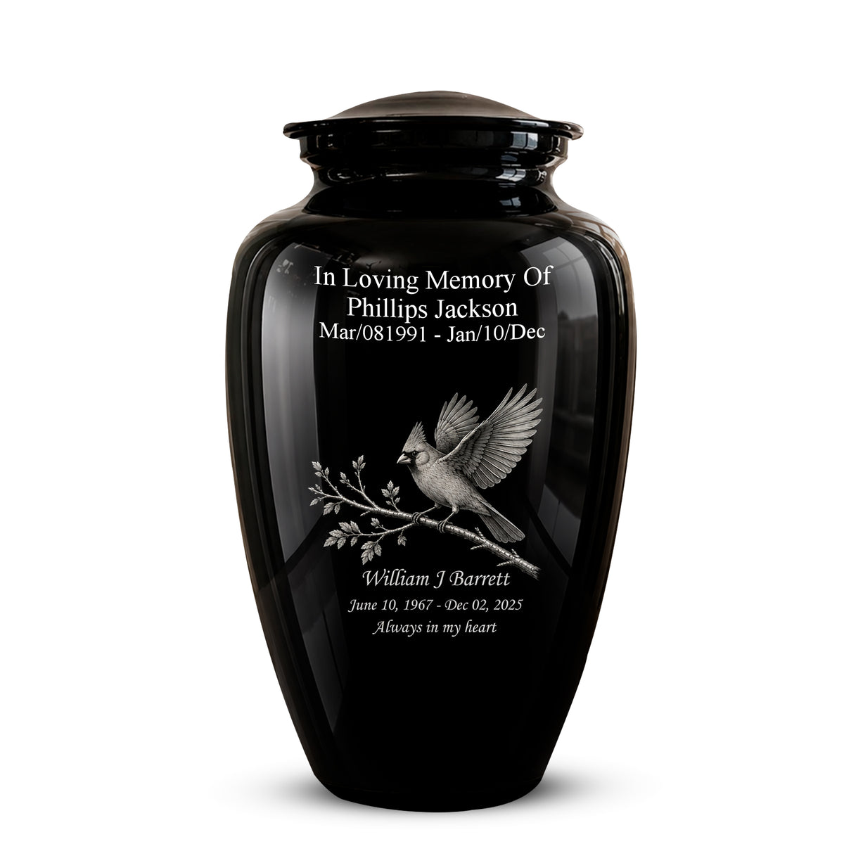 Black Cardinal Bird Cremation Urn - Black Aluminum Urn For Men & Women