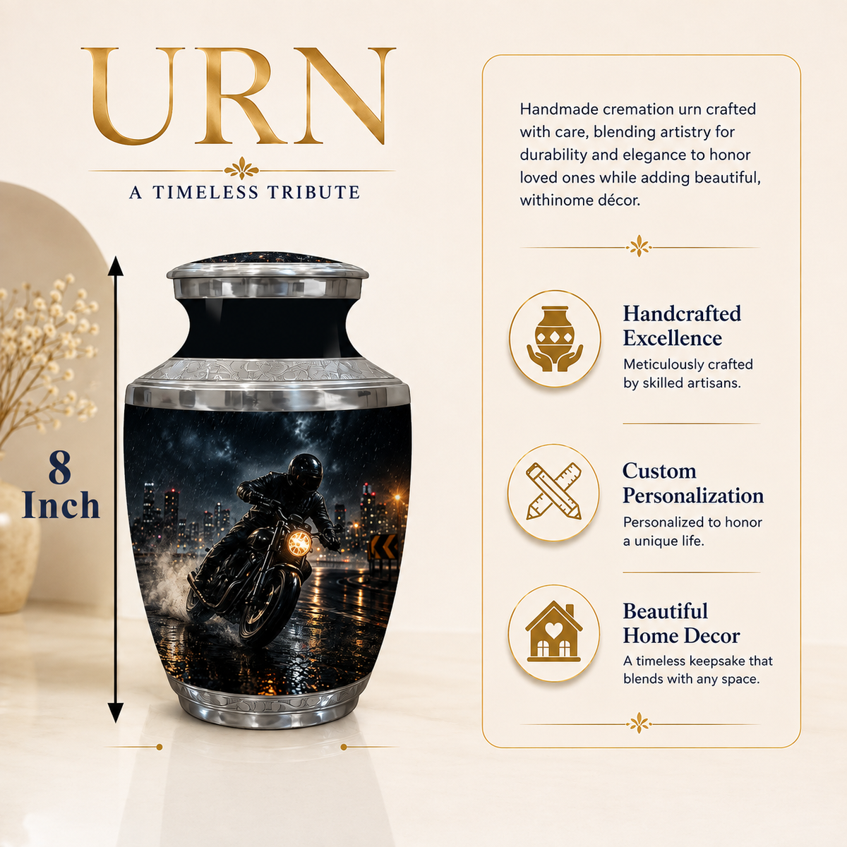 An 8-inch handmade cremation urn with a dark motorcycle city scene graphic, shown on a beige background with descriptive text and feature icons.