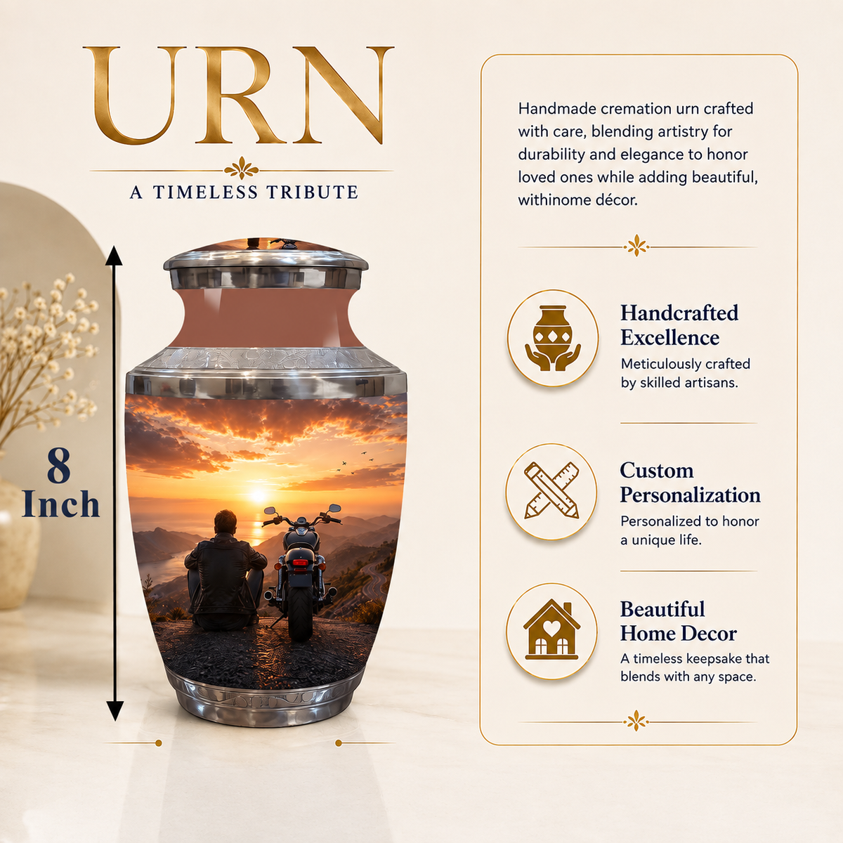 Personalized cremation urn with a sunset motorcycle and rider design, shown on a beige background with text highlighting 8-inch size, handcrafted excellence, custom personalization, and beautiful home decor.