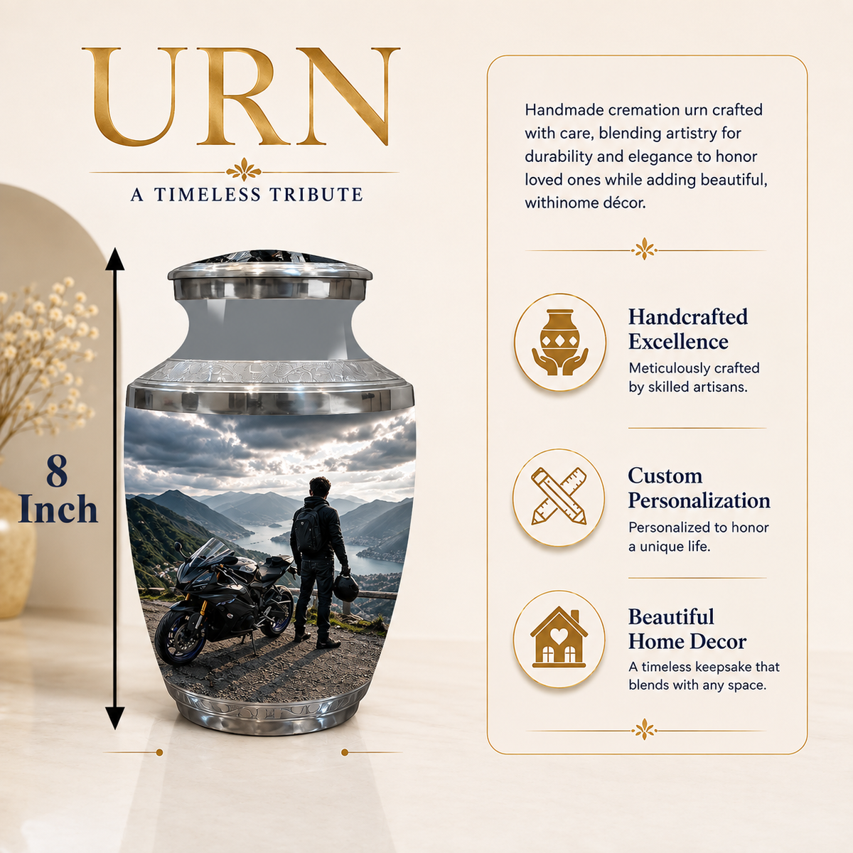 An 8-inch cremation urn featuring a scenic mountain landscape print with a motorcycle and rider, shown on a beige background with descriptive text and feature icons.