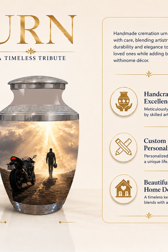 An 8-inch personalized cremation urn with a metallic silver lid and base, featuring a custom printed sunset scene of a man walking toward a motorcycle. The image includes marketing text and icons highlighting handcrafted excellence, custom personalization, and beautiful home decor.