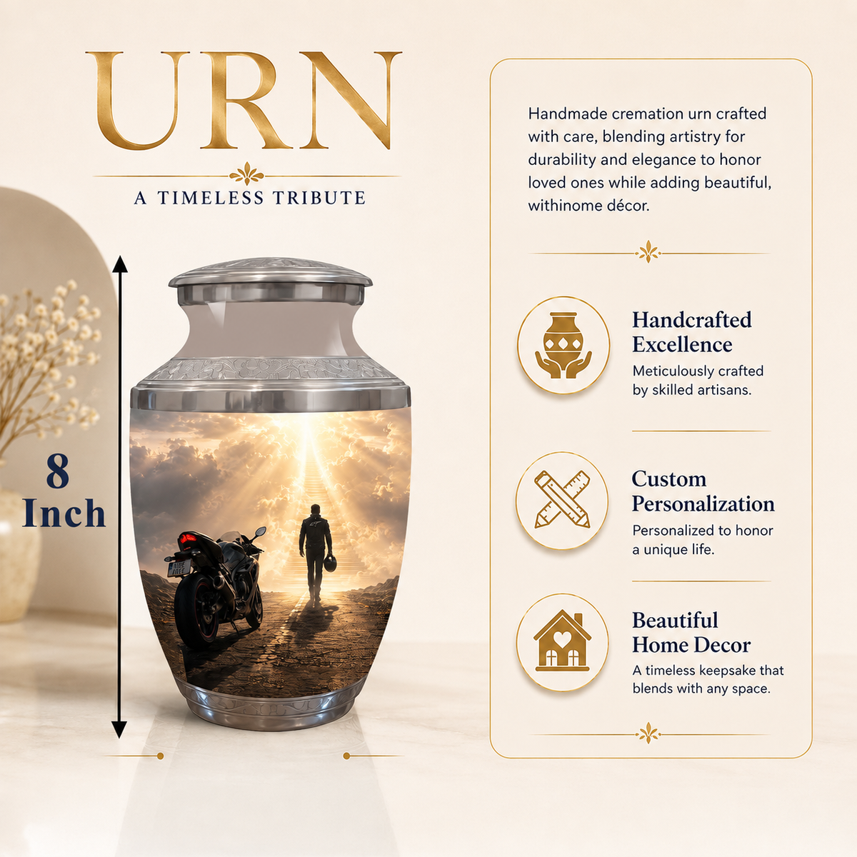 An 8-inch personalized cremation urn with a metallic silver lid and base, featuring a custom printed sunset scene of a man walking toward a motorcycle. The image includes marketing text and icons highlighting handcrafted excellence, custom personalization, and beautiful home decor.