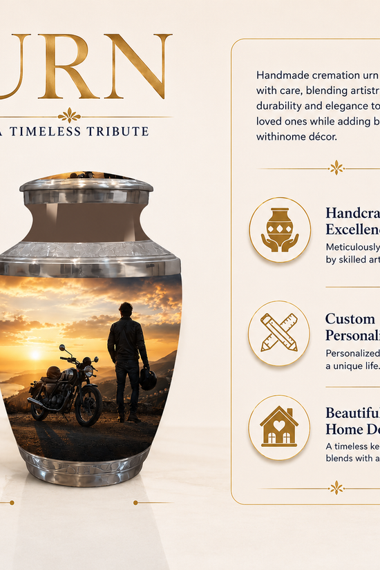 Personalized 8 inch cremation urn with a sunset motorcycle and silhouette design, shown on a beige background with product text and feature callouts. The urn is labeled 8 inch tall, with large 'URN' text and descriptive copy on the right.