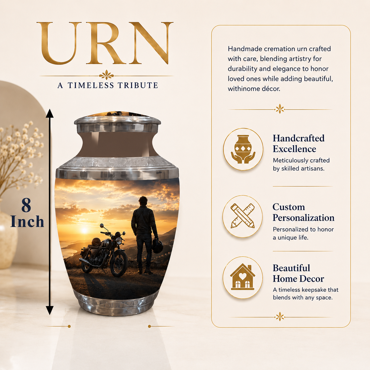 Personalized 8 inch cremation urn with a sunset motorcycle and silhouette design, shown on a beige background with product text and feature callouts. The urn is labeled 8 inch tall, with large 'URN' text and descriptive copy on the right.