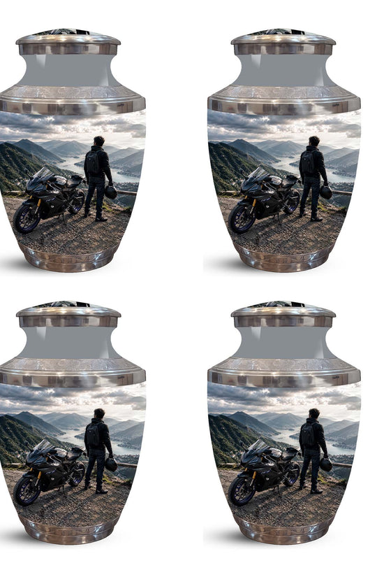 Mountain Motorcycle Rider Cremation Urn - Custom Aluminum Memorial Urn