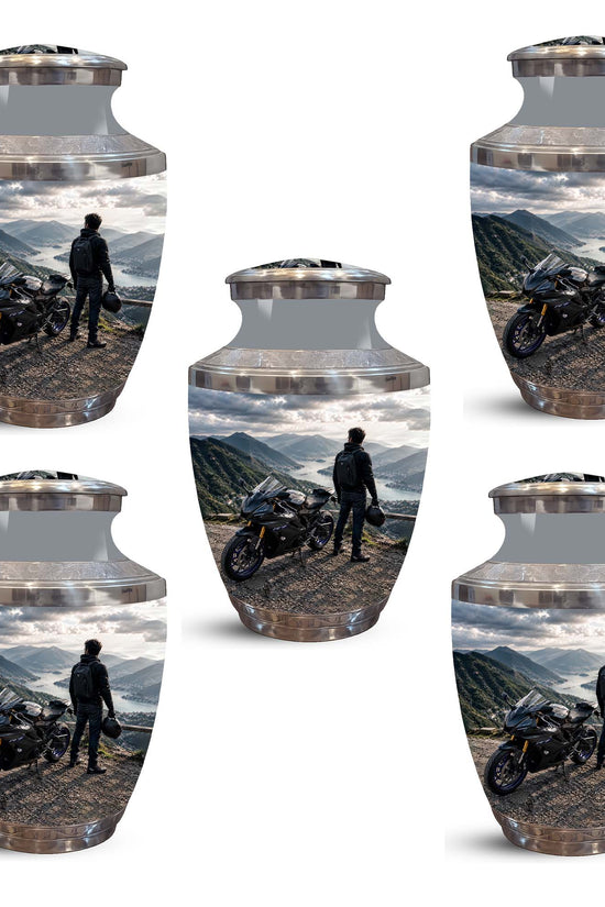 Mountain Motorcycle Rider Cremation Urn - Custom Aluminum Memorial Urn