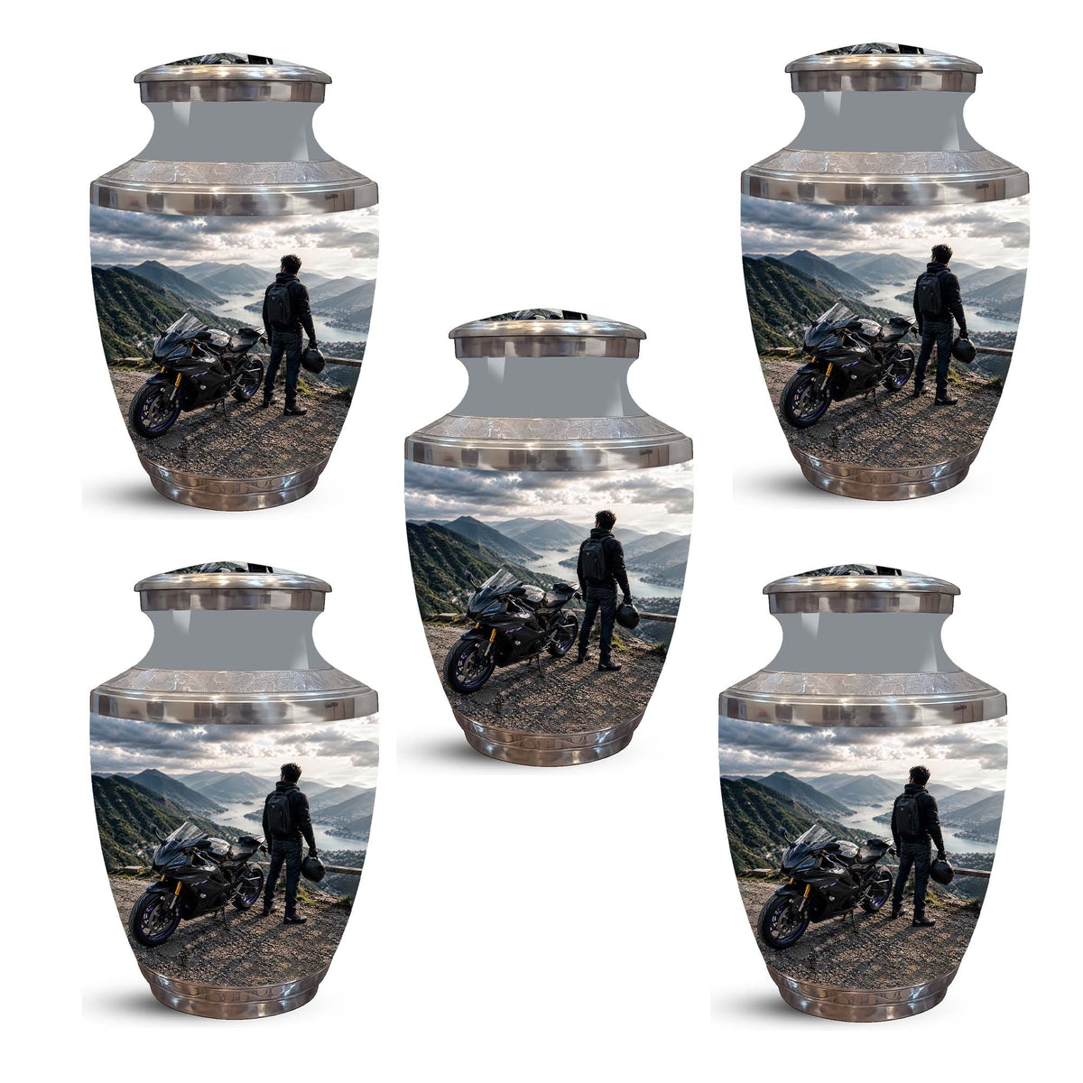 Mountain Motorcycle Rider Cremation Urn - Custom Aluminum Memorial Urn