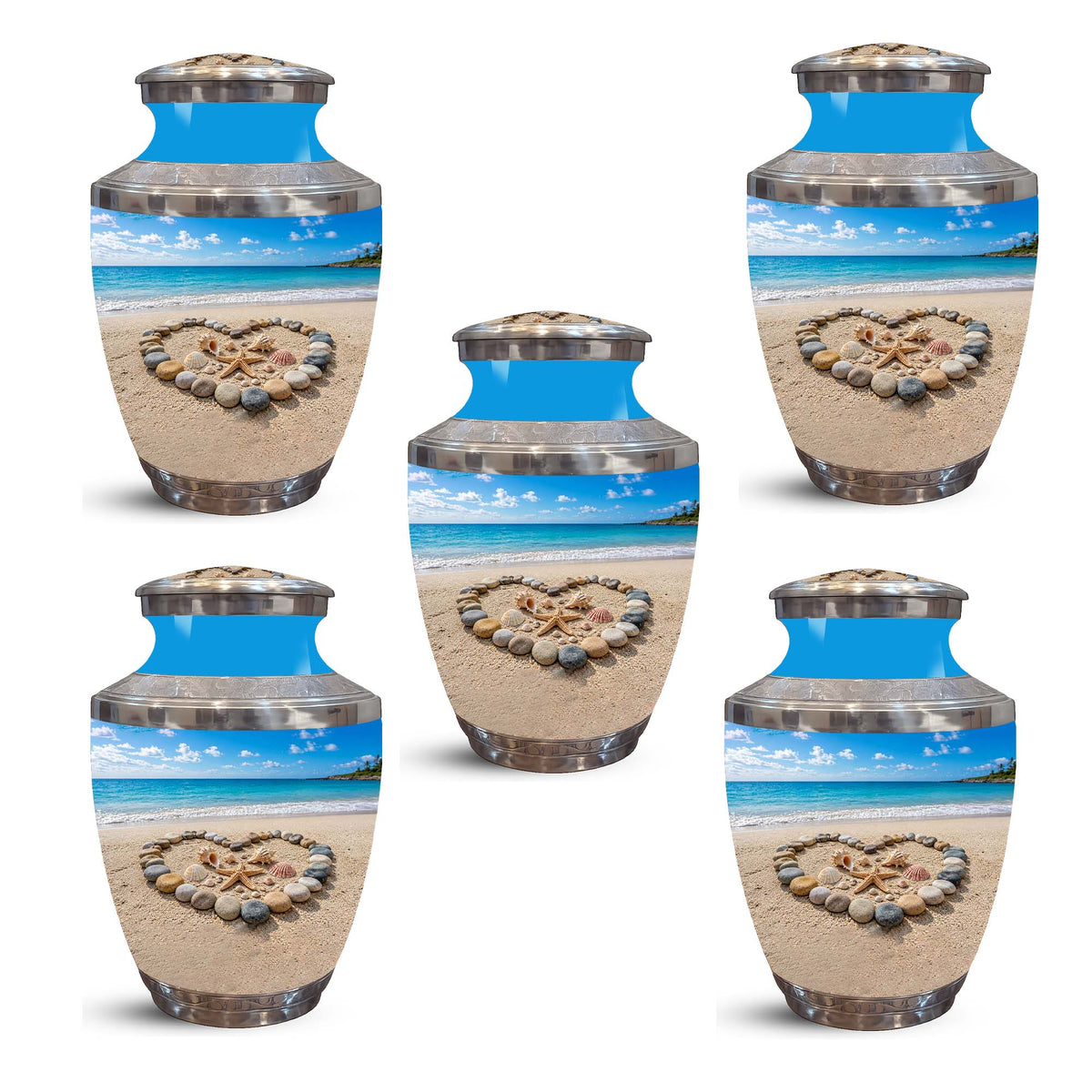 Personalized Blue Ocean Heart Beach Urn - Aluminum Urns For Ashes