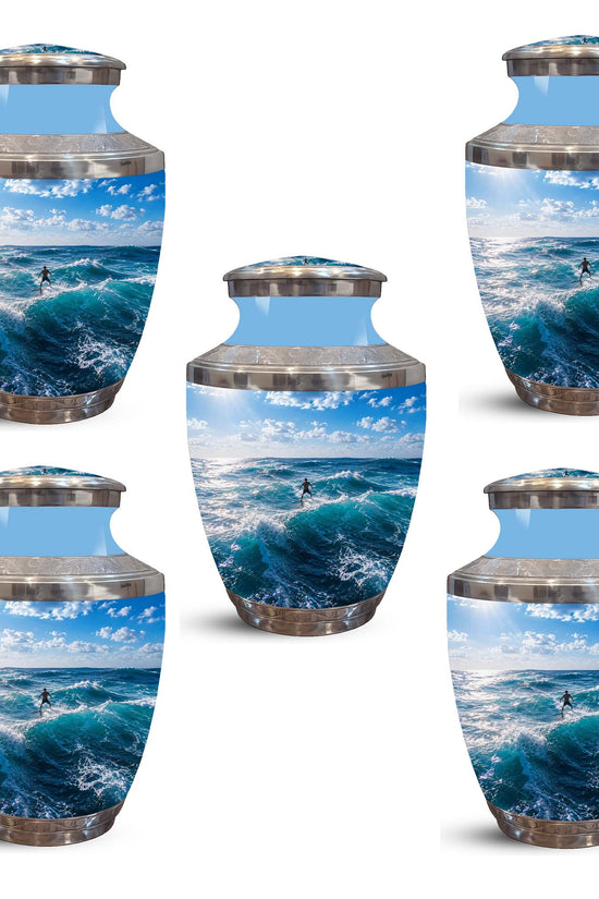 Man Surfing Big Waves Ocean Cremation Urn – Custom Aluminum Memorial Urn