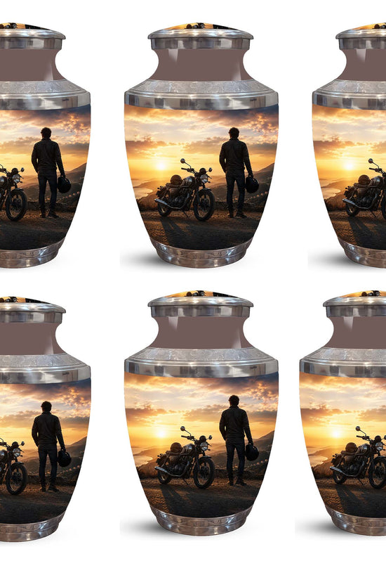 Sunset Motor Bike Rider Funeral Urn - Custom Memorial Tribute Funeral Urns
