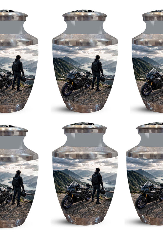 Mountain Motorcycle Rider Cremation Urn - Custom Aluminum Memorial Urn
