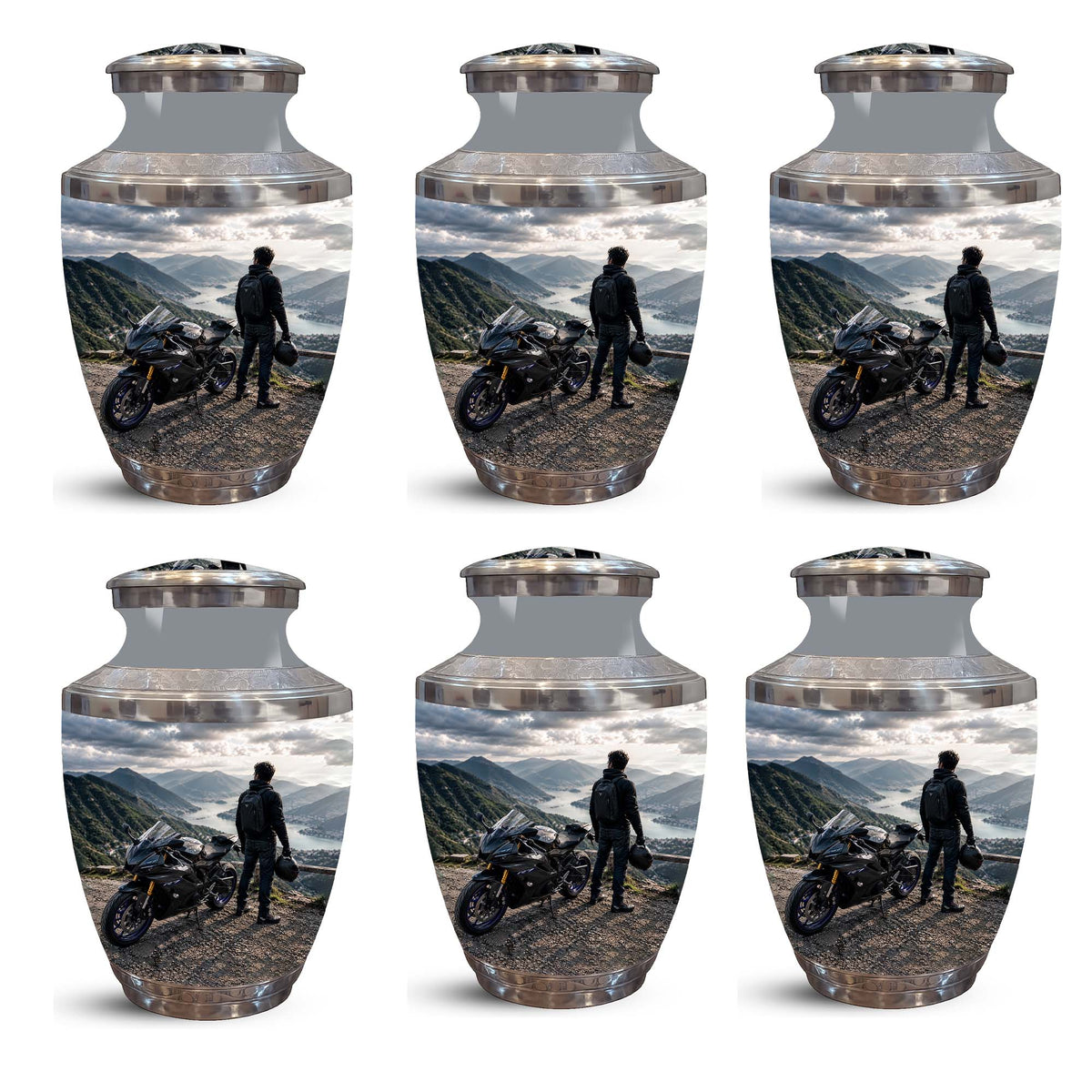 Mountain Motorcycle Rider Cremation Urn - Custom Aluminum Memorial Urn